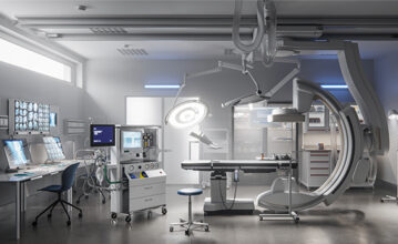 State-of-the-art hospital operating room with advanced surgical equipment, anesthesia machine, diagnostic monitors, and robotic-assisted imaging system