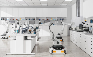 Automated robotic arms in a modern laboratory performing scientific research and precision testing with advanced lab equipment and microscopes