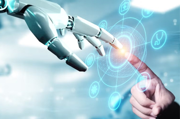 Human hand interacting with robotic arm over digital interface, symbolizing artificial intelligence and technology integration in healthcare and medical innovation