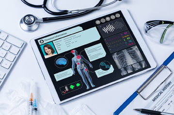 Digital health record displayed on a tablet with patient data, diagnostics, and vital signs, illustrating the role of Internet of Things (IoT) in modern healthcare and remote monitoring
